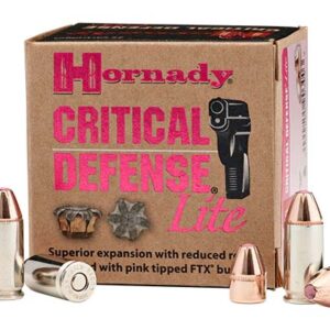 <div style="font-size: 20px;">Hornady<br/>HRN 9MM 100GR CRITDEF LITE 25R</div><BR/><div style="font-size: 12px;">#90255902402</div>